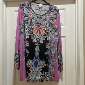 Susan Graver Tunic Top 3X Paisley Boho Long Sleeve Floral Multicolor Liquid Knit